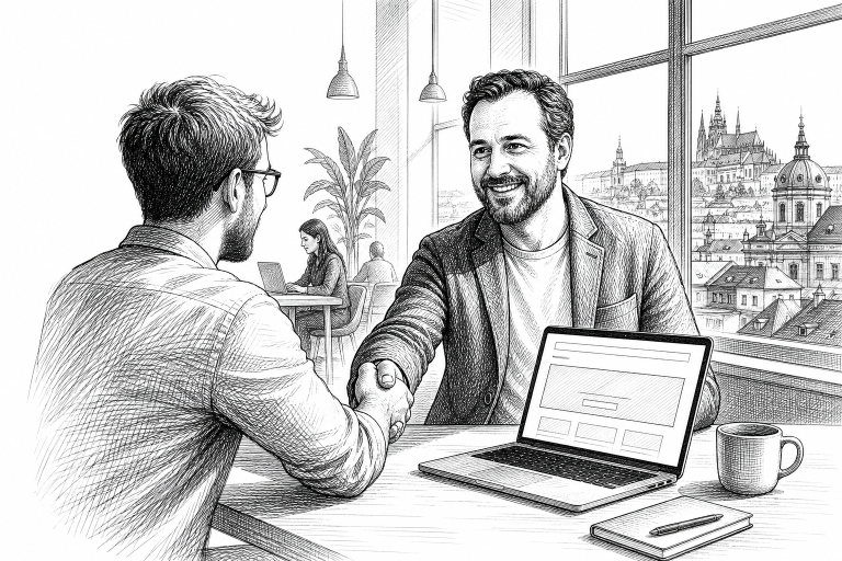Czech small business owner in his 40s shaking hands with a web developer in a bright modern Prague coworking space, lapt