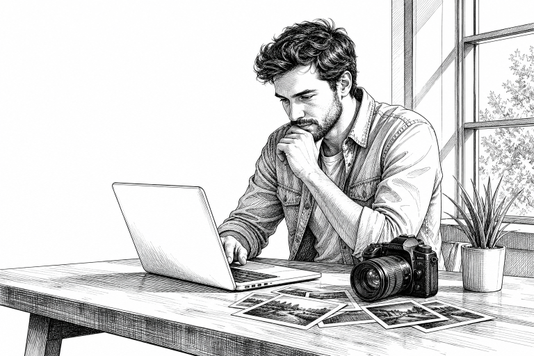 Photographer in his early 30s reviewing photos on a laptop at a minimalist wooden desk, camera and printed photos nearby
