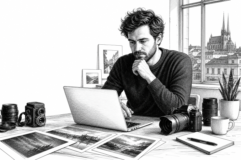 A photographer in their early 30s reviewing portfolio images on a laptop at a bright studio desk in Brno, camera equipme