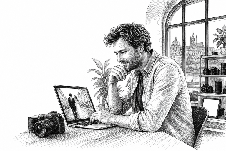 A photographer in their 30s reviewing wedding photos on a laptop in a bright studio in a Czech city, natural light, rela