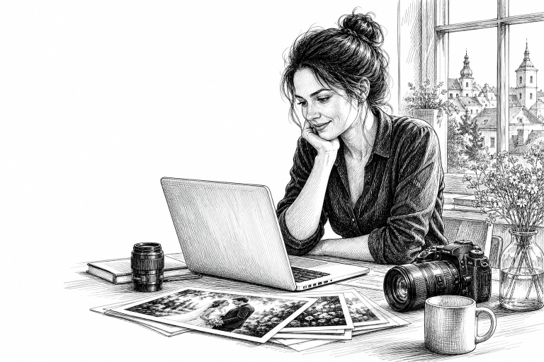 A photographer in her early 30s reviewing wedding photos on a laptop at a bright studio desk in a Czech regional town, n