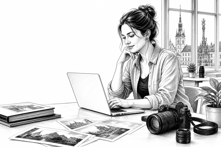 Photographer in her early 30s reviewing portfolio images on a laptop at a bright studio desk in Olomouc, camera and prin