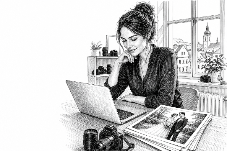A photographer in her early 30s reviewing wedding photos on a laptop in a bright studio in a small Czech city, natural l