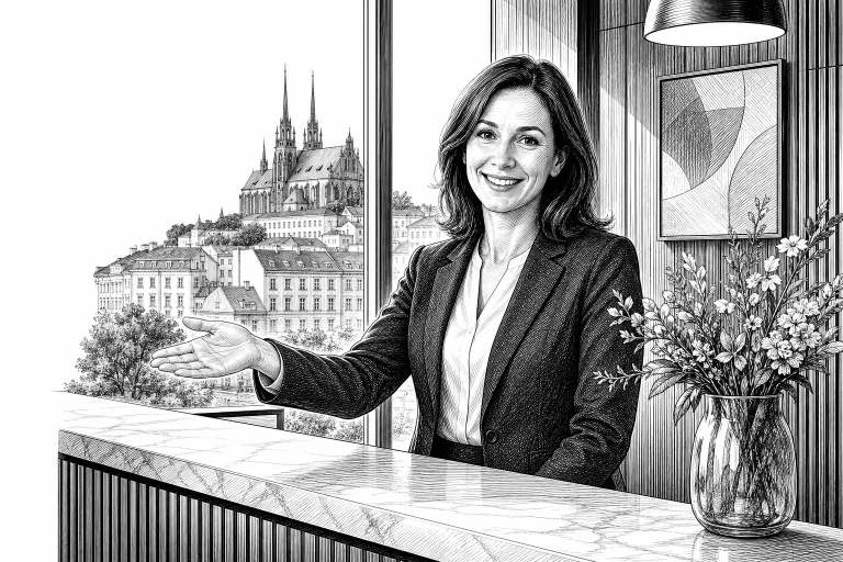 Hotel receptionist in her early 40s welcoming guests at a modern boutique hotel front desk in Brno, warm interior lighti