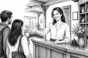 Hotel owner in her early 40s welcoming guests at a cozy South Bohemian pension reception, warm interior with wooden deco