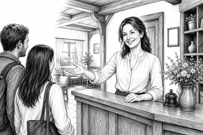 Hotel owner in her early 40s welcoming guests at a cozy South Bohemian pension reception, warm interior with wooden deco