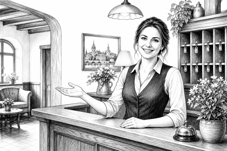 Hotel receptionist in her 30s welcoming guests at a charming Czech pension front desk, warm interior lighting, cozy wood