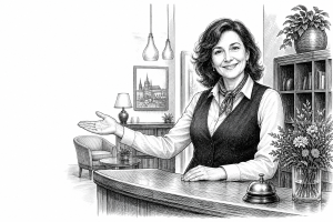 Hotel receptionist in her 40s welcoming guests at a small Czech hotel front desk, warm interior lighting, modern yet coz