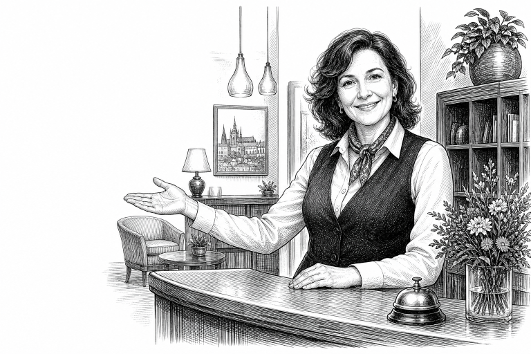 Hotel receptionist in her 40s welcoming guests at a small Czech hotel front desk, warm interior lighting, modern yet coz
