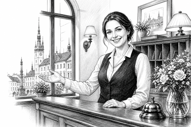 Hotel receptionist in her 30s welcoming guests at a charming pension in Olomouc, historic Czech city architecture visibl