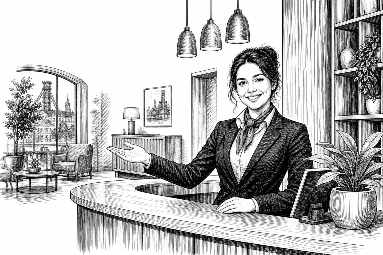 Hotel receptionist in Ostrava welcoming guests at a modern front desk, warm interior lighting, cozy lobby with wooden fu