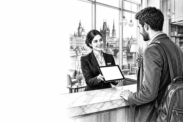 Hotel receptionist in Prague showing a website on a tablet to a guest, modern hotel lobby with large windows in the back