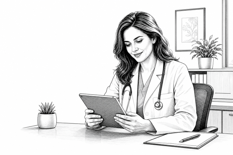 Female doctor in white coat sitting at desk in medical office, reviewing patient information on a tablet, warm and appro
