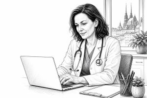 A doctor in her 40s reviewing a medical website on a laptop at her desk in a bright Brno clinic, stethoscope around neck