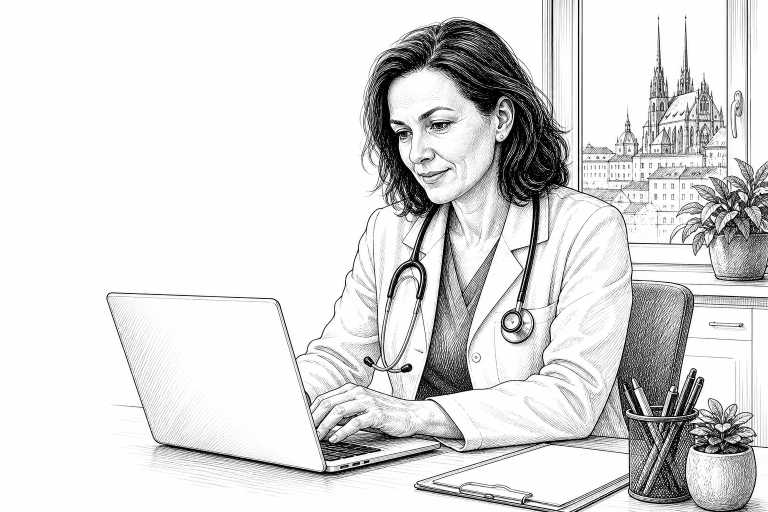 A doctor in her 40s reviewing a medical website on a laptop at her desk in a bright Brno clinic, stethoscope around neck