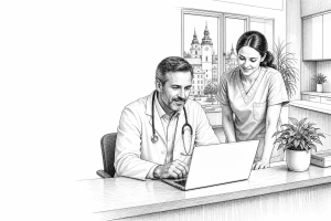A doctor in his 40s sitting at a reception desk in a bright medical office in České Budějovice, reviewing a website on a