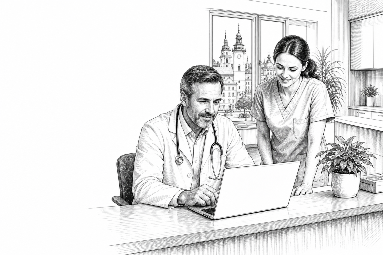 A doctor in his 40s sitting at a reception desk in a bright medical office in České Budějovice, reviewing a website on a