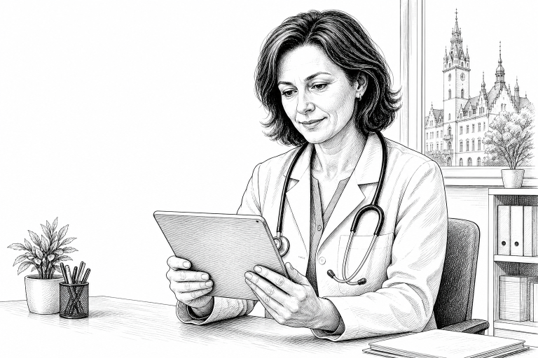A Czech doctor in her 40s reviewing a website on a tablet in a bright medical office in Hradec Králové, stethoscope arou