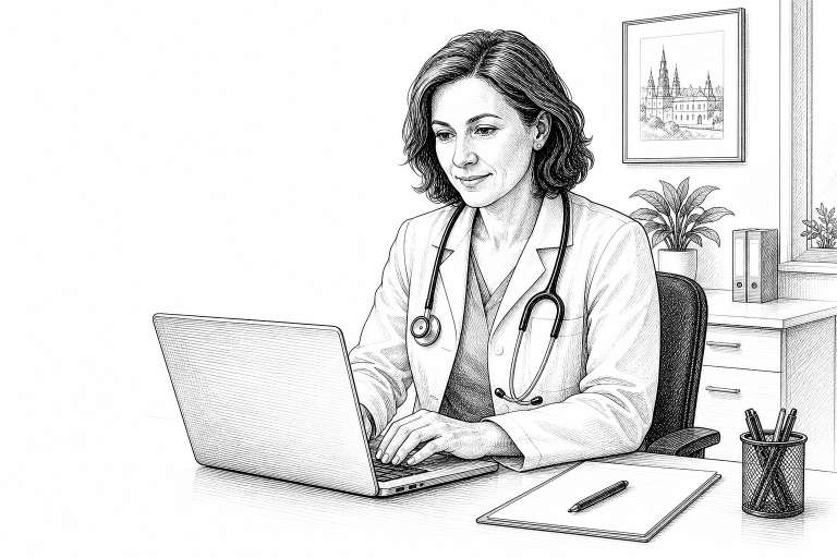 A doctor in her 40s reviewing a medical website on a laptop at her desk in a clean Czech clinic office, stethoscope arou