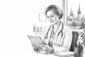 A female doctor in her 40s reviewing a website on a tablet in a bright medical office in Olomouc, Czech Republic, warm n