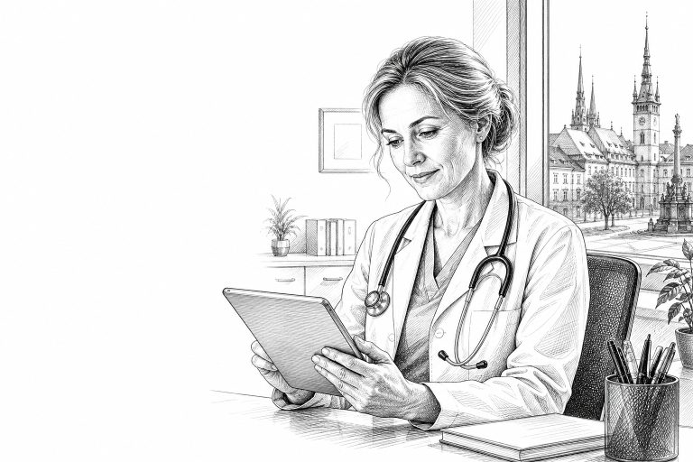 A female doctor in her 40s reviewing a website on a tablet in a bright medical office in Olomouc, Czech Republic, warm n