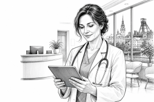 A doctor in her early 40s reviewing a website on a tablet in a bright modern medical office in Ostrava, Czech Republic,