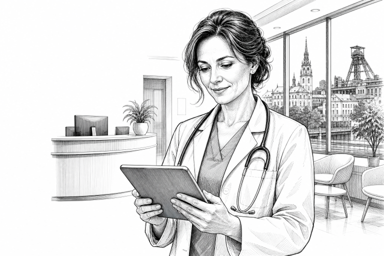 A doctor in her early 40s reviewing a website on a tablet in a bright modern medical office in Ostrava, Czech Republic,