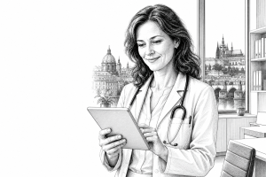 A female doctor in her 40s reviewing patient information on a tablet computer in a bright modern medical office in Pragu