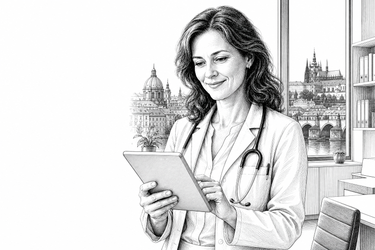 A female doctor in her 40s reviewing patient information on a tablet computer in a bright modern medical office in Pragu