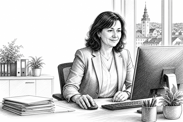 Czech municipal office worker in her 40s reviewing a modern town website on a desktop monitor, bright open office enviro