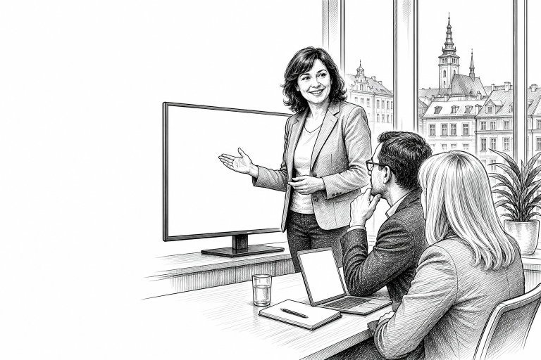 Czech municipal office worker in her 40s presenting a new town website on a large monitor to two colleagues in a bright