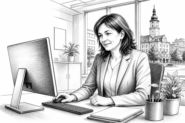 Czech municipal office worker in her 40s reviewing a new city website on a desktop monitor, bright modern town hall inte