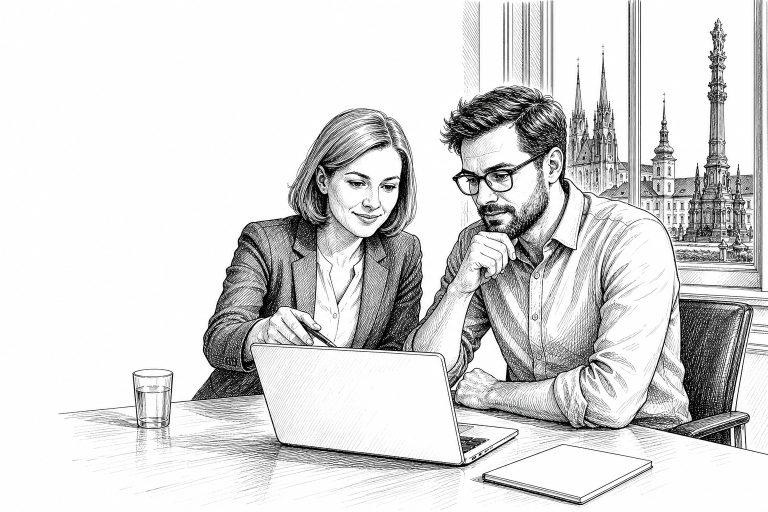 Czech municipal office worker and web developer reviewing a new city website on a laptop together at a bright meeting ro