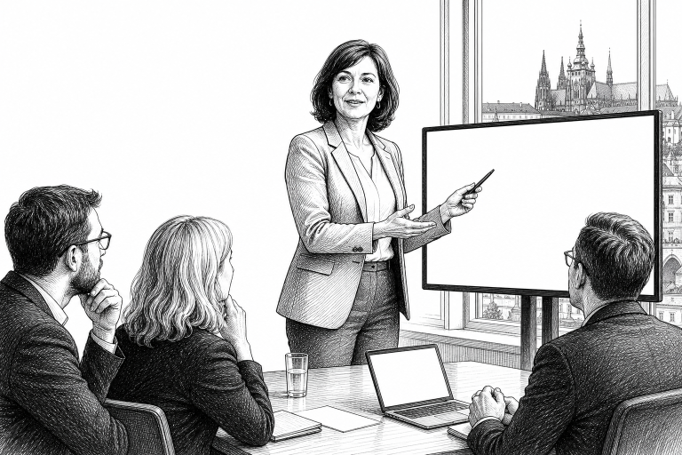 Czech municipal office employee in her 40s presenting a new city website on a large monitor in a bright Prague city hall