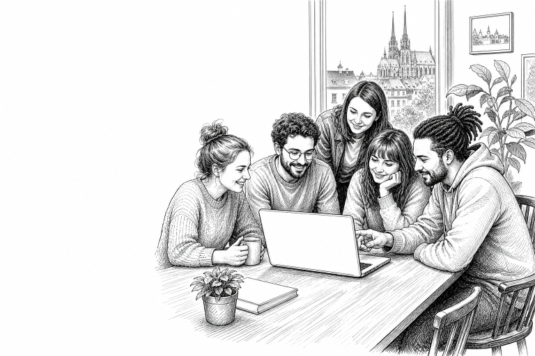 A group of nonprofit volunteers in Brno sitting around a table, reviewing a website on a laptop, warm community center e