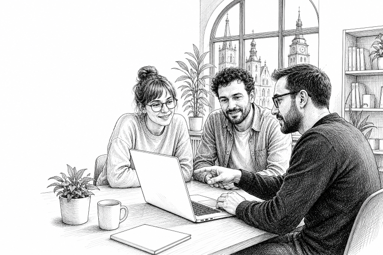 Nonprofit organization volunteers in Hradec Králové meeting with a web designer, reviewing a website on a laptop in a br