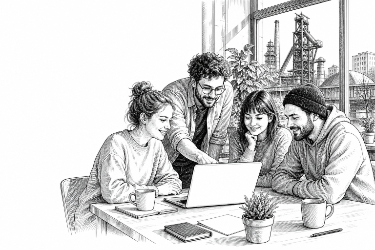 A nonprofit organization team meeting in a modern Ostrava office, volunteers and coordinators reviewing website content
