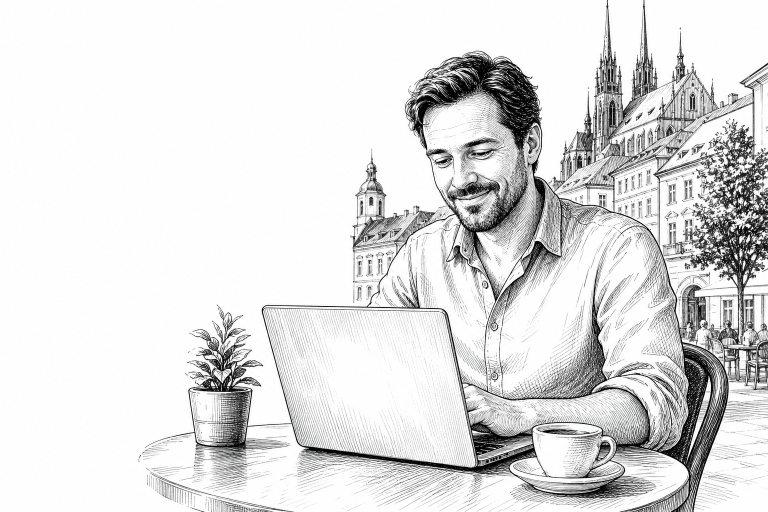 Czech small business owner in his early 40s reviewing a new website on a laptop at a bright cafe table in Brno city cent