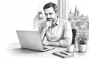 Czech small business owner in his 40s reviewing a new website on a laptop at a wooden desk in a bright, tidy office in a