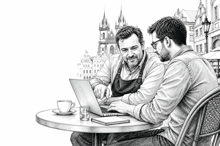 Czech small business owner in his 40s sitting across a web developer at a cafe table in a city center, reviewing a websi