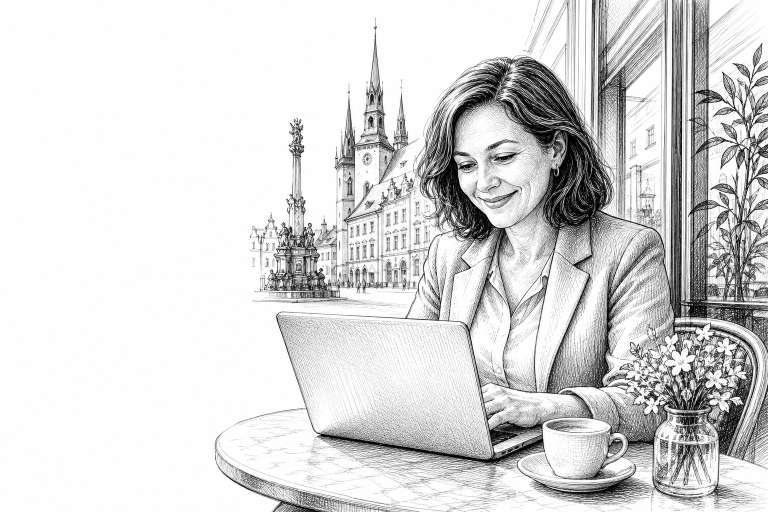 Small business owner in her early 40s reviewing a new website on a laptop at a bright cafe table in Olomouc, smiling, re