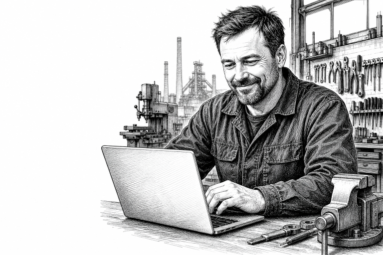 Czech self-employed tradesman in his 40s reviewing his new website on a laptop at a desk in a small Ostrava workshop, sa