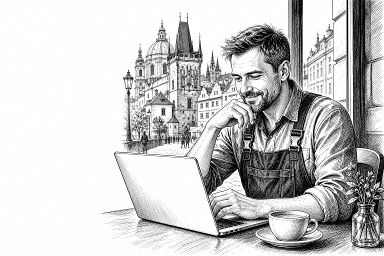 A self-employed Czech tradesperson in his early 40s reviewing his new website on a laptop at a cafe table in Prague, cit