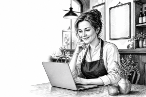 Restaurant owner in her early 40s reviewing a new website on a laptop, sitting at a wooden table in a cozy Brno bistro,