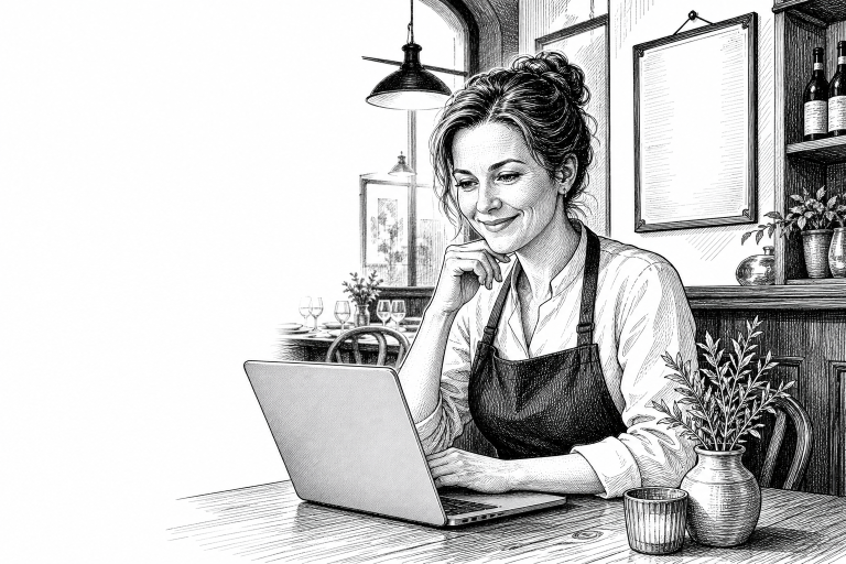 Restaurant owner in her early 40s reviewing a new website on a laptop, sitting at a wooden table in a cozy Brno bistro,