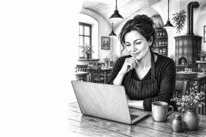 Restaurant owner in her early 40s reviewing website design on laptop at a wooden table inside a cozy Czech restaurant, w