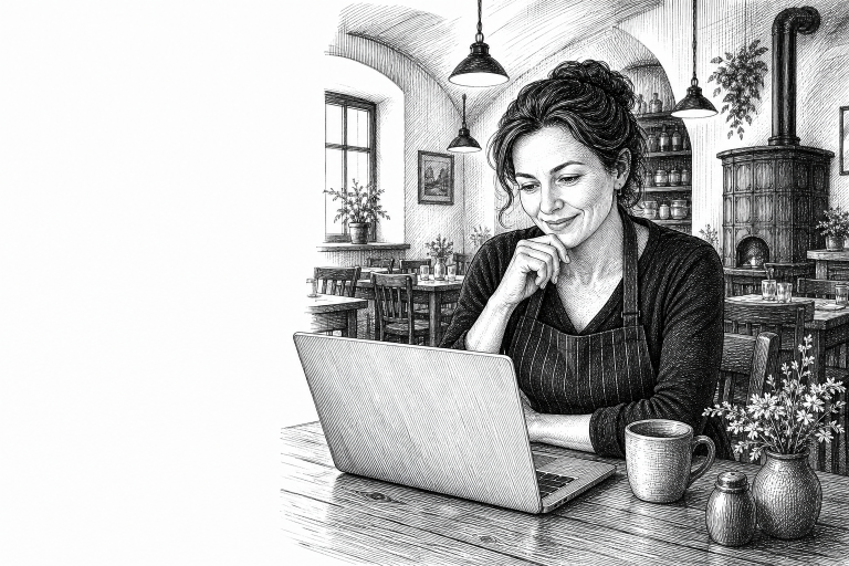 Restaurant owner in her early 40s reviewing website design on laptop at a wooden table inside a cozy Czech restaurant, w