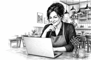 Restaurant owner in her 40s reviewing a new website on a laptop inside a cozy Czech restaurant in Karviná, warm interior