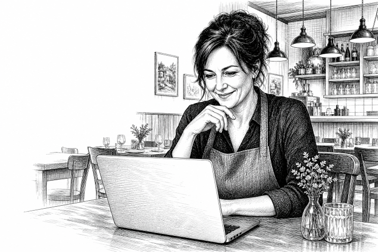 Restaurant owner in her 40s reviewing a new website on a laptop inside a cozy Czech restaurant in Karviná, warm interior