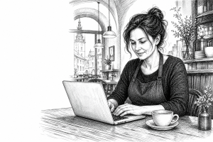 Restaurant owner in her early 40s updating menu on laptop at a wooden table inside a cozy Olomouc bistro, warm interior